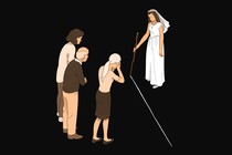 An illustration of a bride drawing a line in the ground between herself and her family