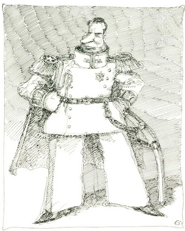 A black and white caricature illustration of Nixon in Napoleon's military uniform