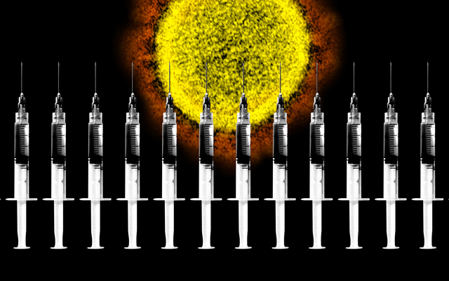A wall of vaccine syringes in front of a coronavirus