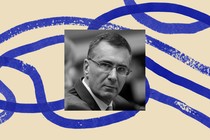 A black-and-white photo of Jonathan Gruber, bordered by an illustration