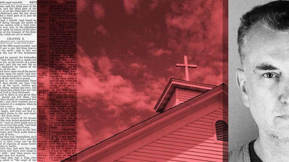 A collage showing a mug shot of Vance Boelter, a picture of a church, and a page of the Bible