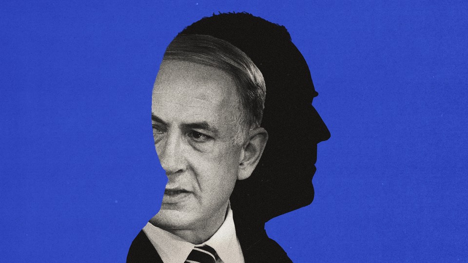 An image of Netanyahu superimposed over Biden's silhouette