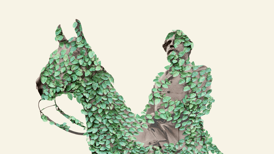 An illustration of Robert E. Lee's statue covered in vines.