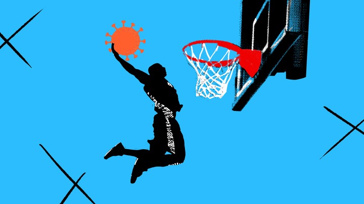 An illustration of a basketball player slamming a coronavirus shape into a hoop.