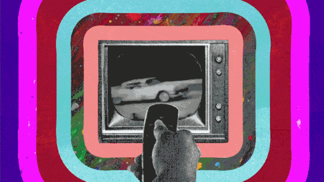 Television set flipping among channels depicting vintage scenes