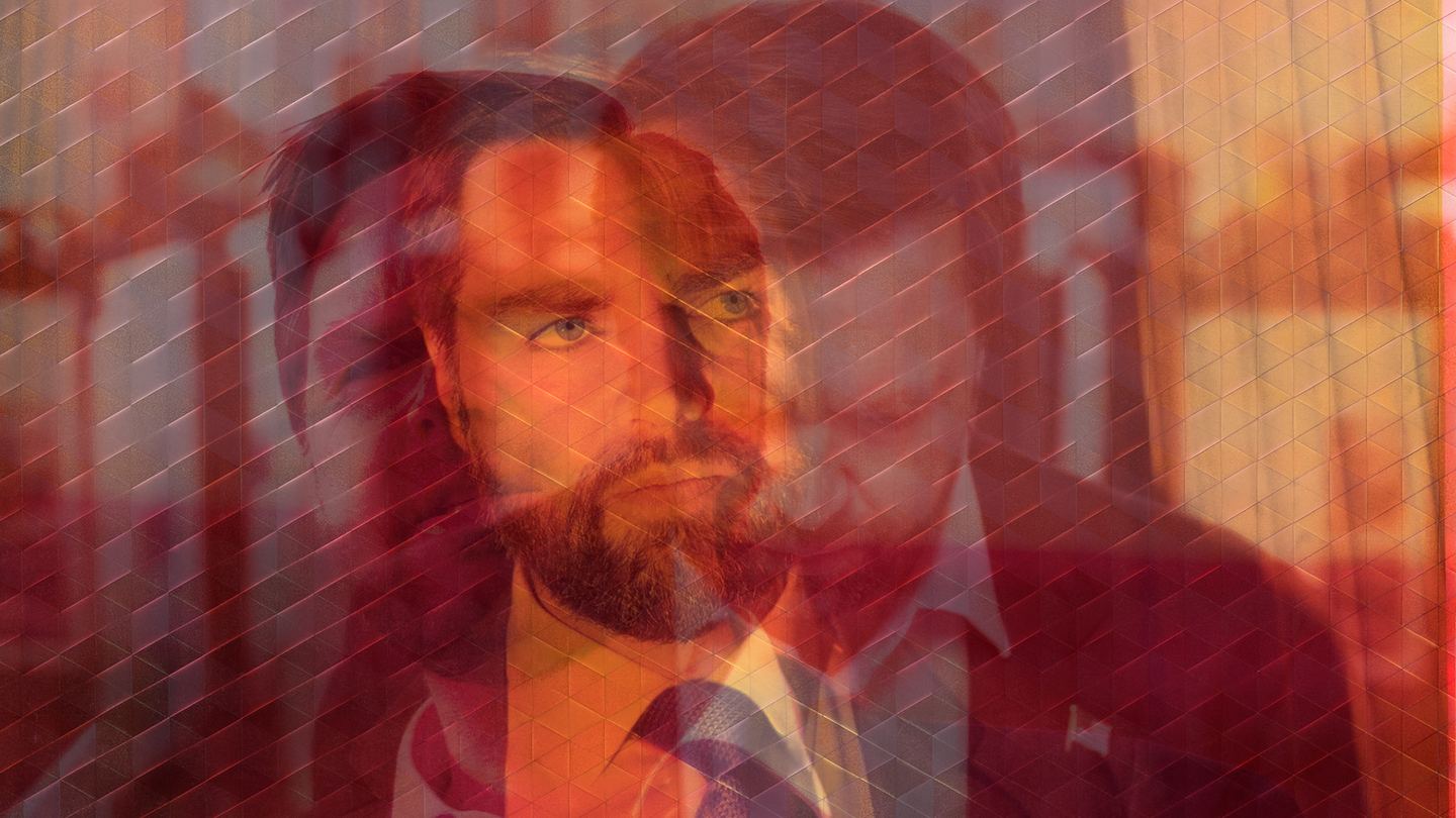 a collage of three different photos of Vice President J. D. Vance, with a red hue