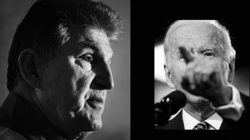 A diptych of two black-and-white photos of Joe Manchin and Joe Biden