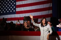 Nikki Haley waving during a campaign event in North Charleston