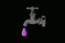 A glitchy-looking waterdrop falls from a faucet.