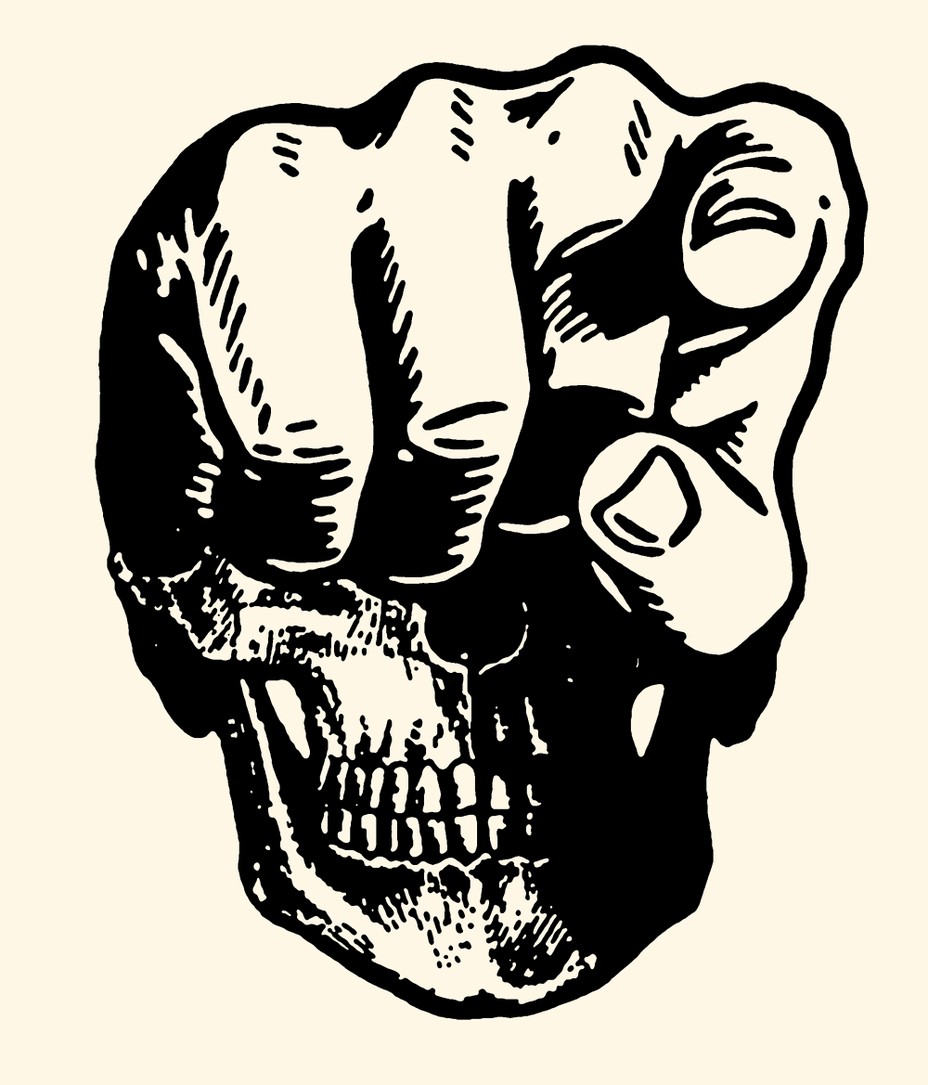 A pointing hand forming from the top of a skull