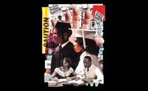 photo illustration collage with caution tape, a protest against school segregation, Black graduates in cap and gown, Black students studying