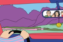 An illustration showing a person driving a car and seeing their parents in the rearview mirror