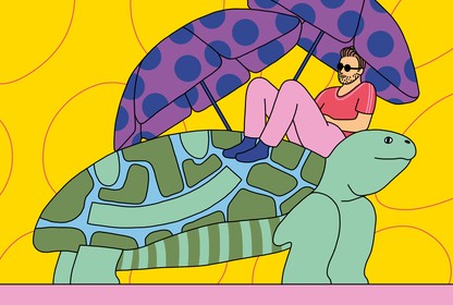 a man sits on a giant turtle with beach umbrellas