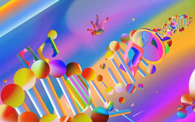 colorful illustration of a DNA helix with a man falling near it