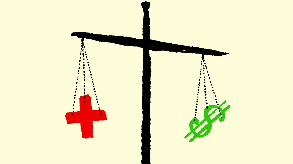 Artwork of a scale balancing a red cross and a green dollar sign