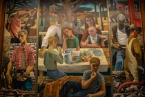 photo of mural painting with family at table flanked by images of people working