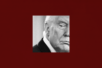 A black and white illustration of Trump scowling in a small square surrounded by a very thick maroon border.