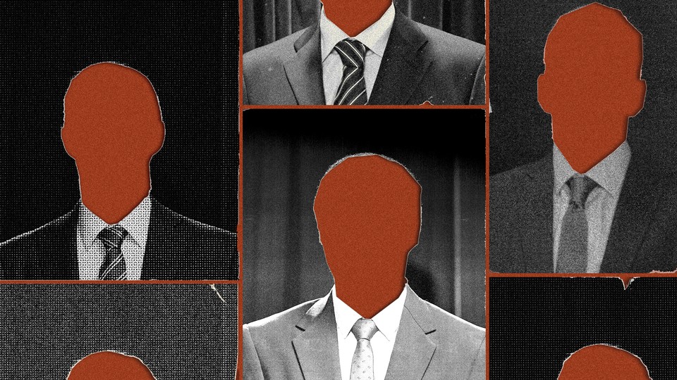 An illustration of multiple portrait-style images of men in black-and-white suits. Their faces are featureless orange cutouts.