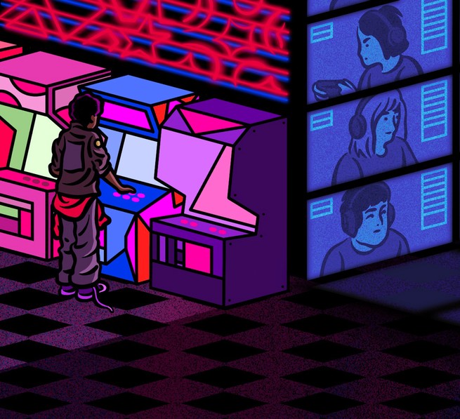 an illustration of a man playing an arcade game