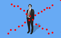 A graphic of Alex Berenson standing with an X of red dots over him.