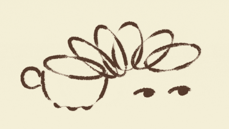 a hand-drawn cup of coffee spiraling into a pair of blinking eyes