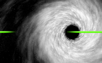 A bright-green laser beaming through a white cosmic swirl on a black background