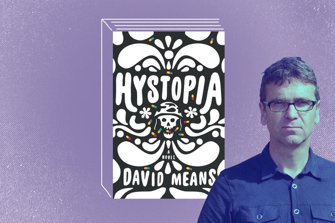 A photo of David Means in front of a picture of Hystopia's book cover