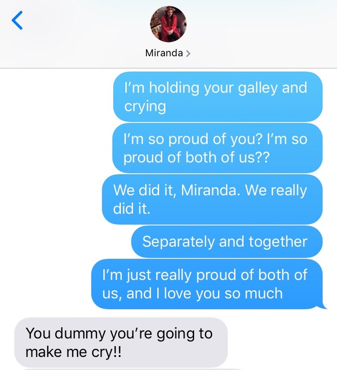 A text message exchange between Zan and Miranda.