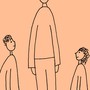 A sketch of a tall person surrounded by shorter people looking up at him