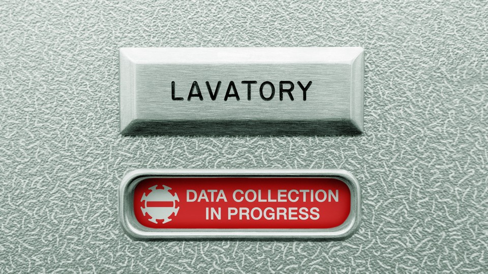 Illustration of an airplane lavatory door that says "data collection in progress"
