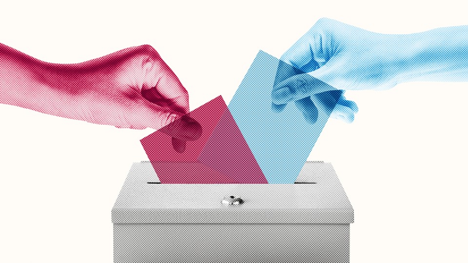 Red and blue hands inserting ballots in box