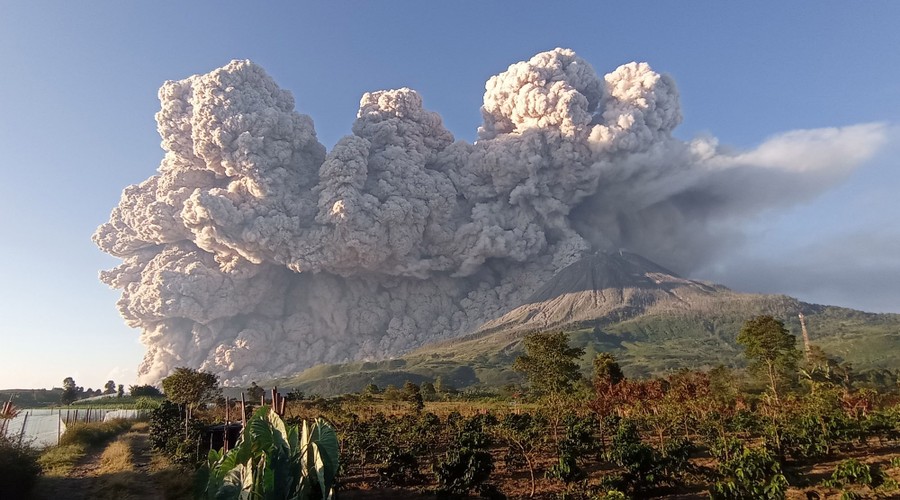 Huge plumes of ash rise above a distant volcano.