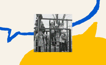 A cream background has the blue outline of a conversation bubble dropping down from the top and a yellow filled in conversation bubble extending up from the bottom. In the middle is a black and white photograph of about 7 white children in autumn clothing hanging on to different parts of a jungle gym.