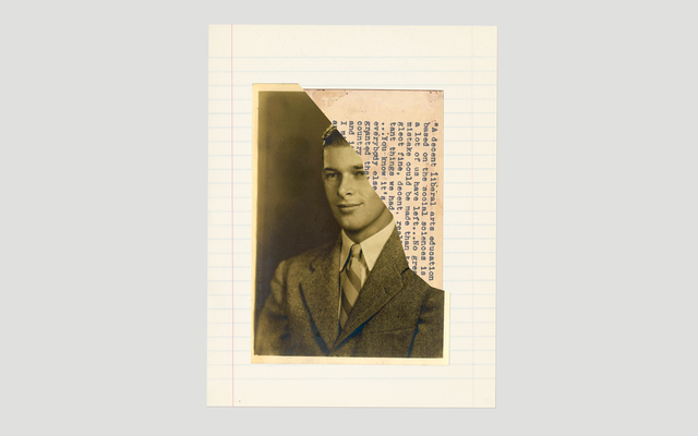 a collaged photo-illustration with a black-and-white photo of young man in suit and tie over a typewritten letter and a yellowed piece of college-rule notebook paper