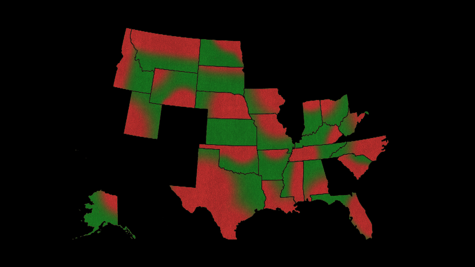 A map of the U.S. is shown with red states and their relationship to green energy sources