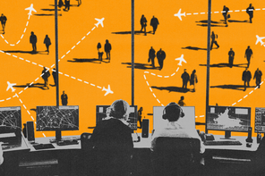 Illustration of air traffic controllers in a control room looking out a window at icons of moving airplanes and walking people