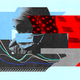 A woman in a surgical mask with blue and red blocks of color behind her—one is a graph, another an America flag