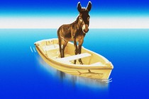 Photo illustration of a donkey in a boat floating in a large body of water.