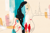 An illustration of a city in the background of a face with the shapes of a parent and child holding hands