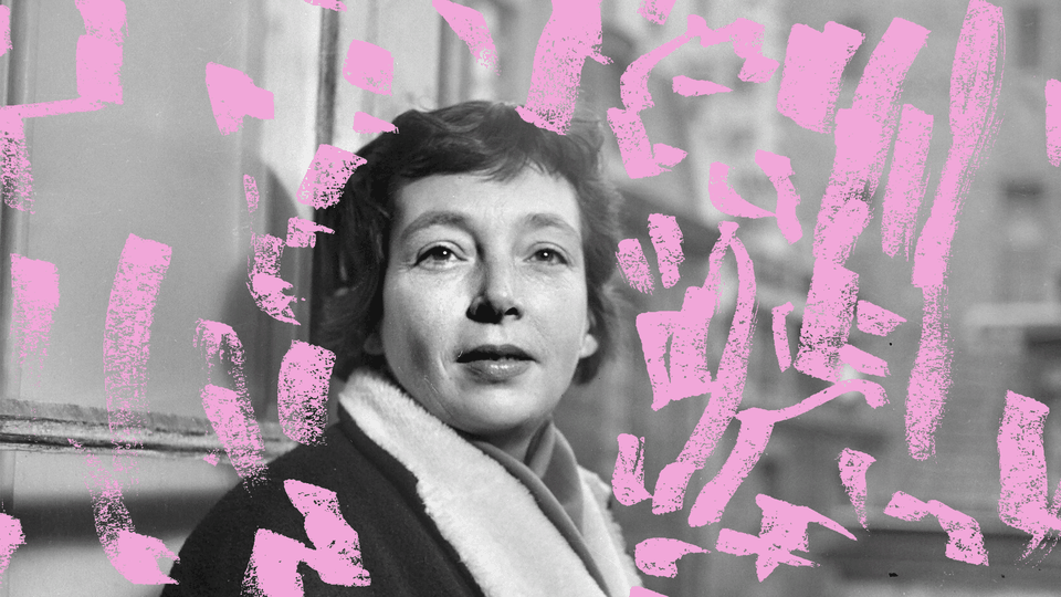 a black-and-white photo of marguerite duras with pink brushstrokes over it