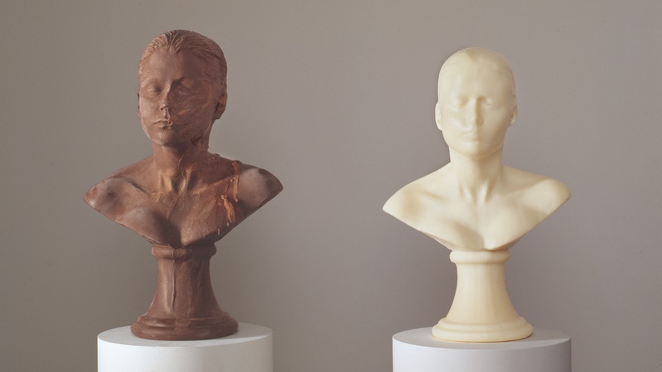 Two busts, one made of chocolate, the other made of soap, for a piece called <i>Lick and Lather</i>, 1993.