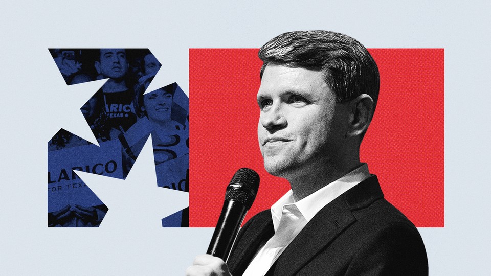 An illustration of James Talarico speaking against a backdrop of red and blue with images of his campaign rally attendees holding signs.