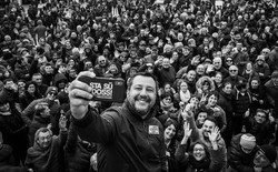 Matteo Salvini poses for a selfie with dozens of his supporters.