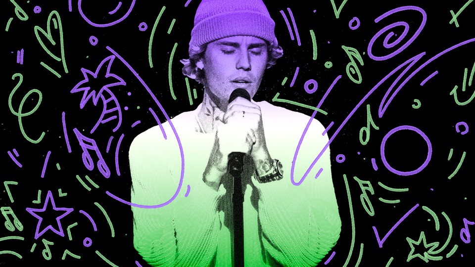 A photo-illustration of Justin Bieber singing