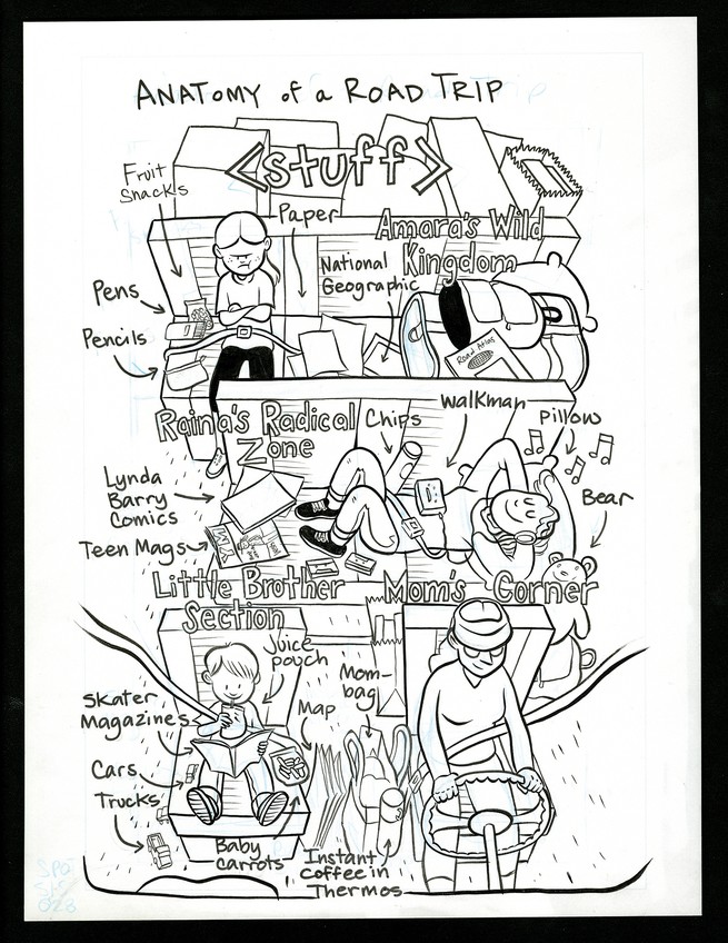 "Anatomy of a Road Trip": drawn diagram of a minivan's front, middle, and back seats including labels "Amara's Wild Kingdom," "Raina's Radical Zone," "Little Brother Section," and "Mom's Corner"