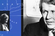 A collage showing Bernie Sanders and Harrington over a map of the Middle East