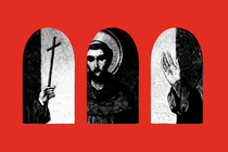 Illustration with 3 arched black-and-white images of St. Francis on red background: hand holding cross; head with halo; hand raised