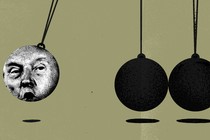 A Newton's cradle with Trump's face as the swinging end ball
