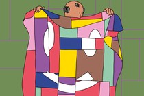 Illustration of a man holding up a blanket in front of his body with a mutlicolored rectangular pattern and a white smiley face