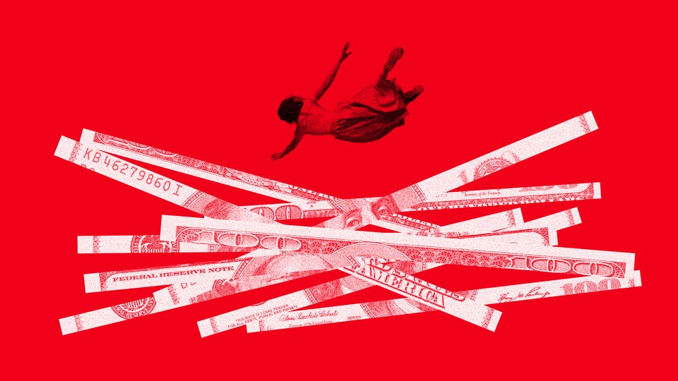 a woman plummeting into a pile of shredded U.S. currency